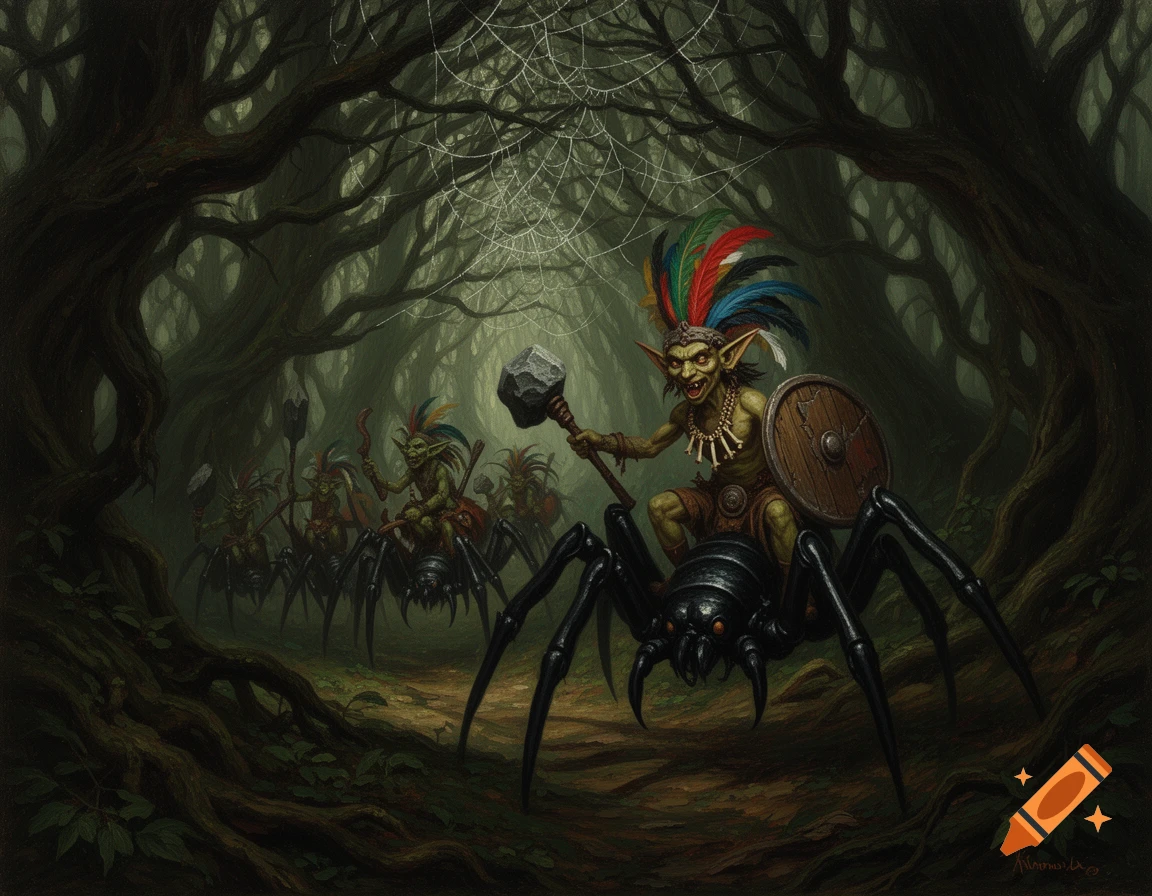 Oil painting of multiple goblins with feather headdresses and bone necklaces riding large black spiders through a dark, overgrown forest.