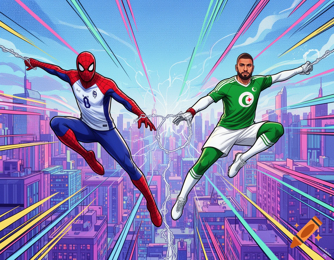 Two figures, one Spider-Man and one bearded man in a green Algerian-style jersey, swing through a vibrant, futuristic city with speed lines in a comic book art style.