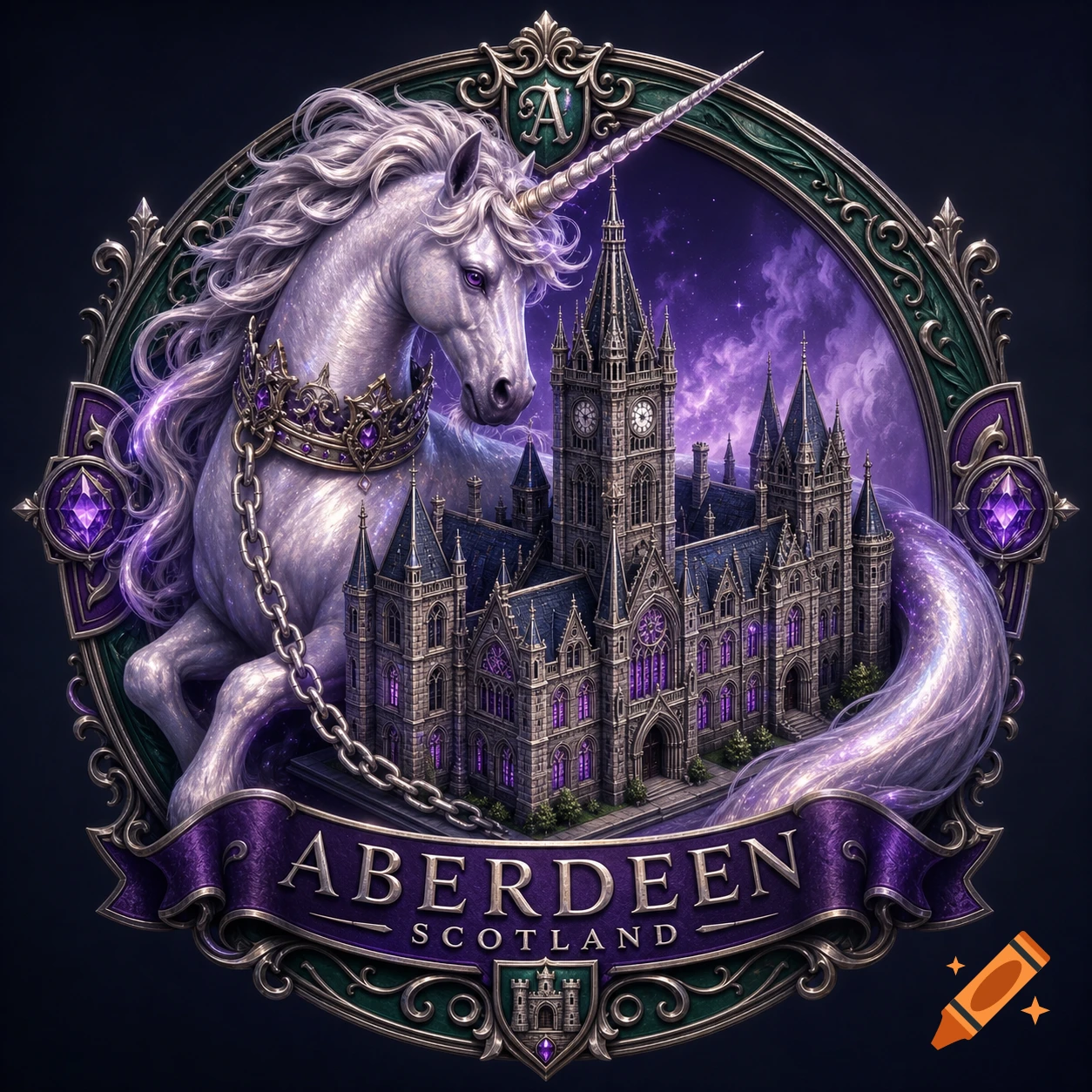 Ornate emblem with a white unicorn, a gothic building, and 'ABERDEEN SCOTLAND' text, set against a starry sky.