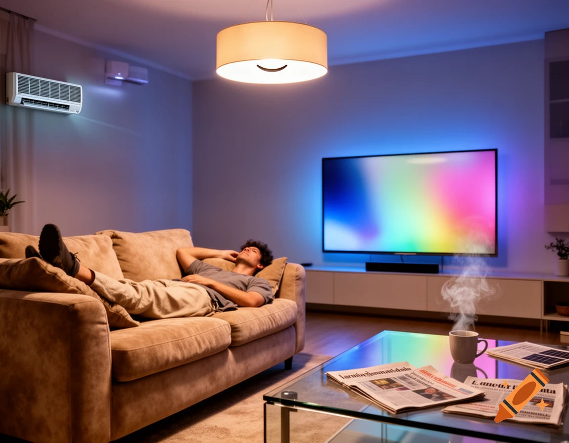 A man relaxes on a brown couch in a modern living room with a large TV, an air conditioner, and a glass coffee table.