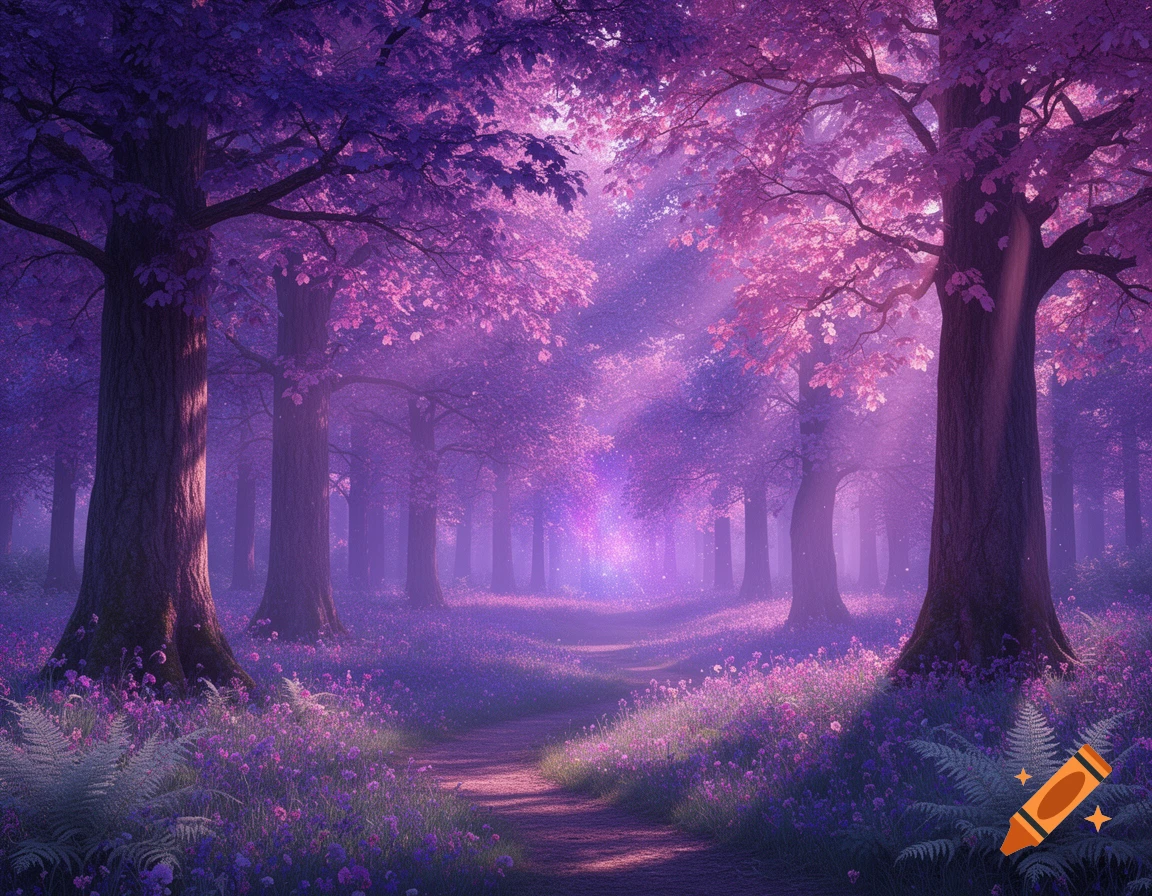 A magical forest path with glowing purple and pink trees and a carpet of purple flowers under ethereal light.