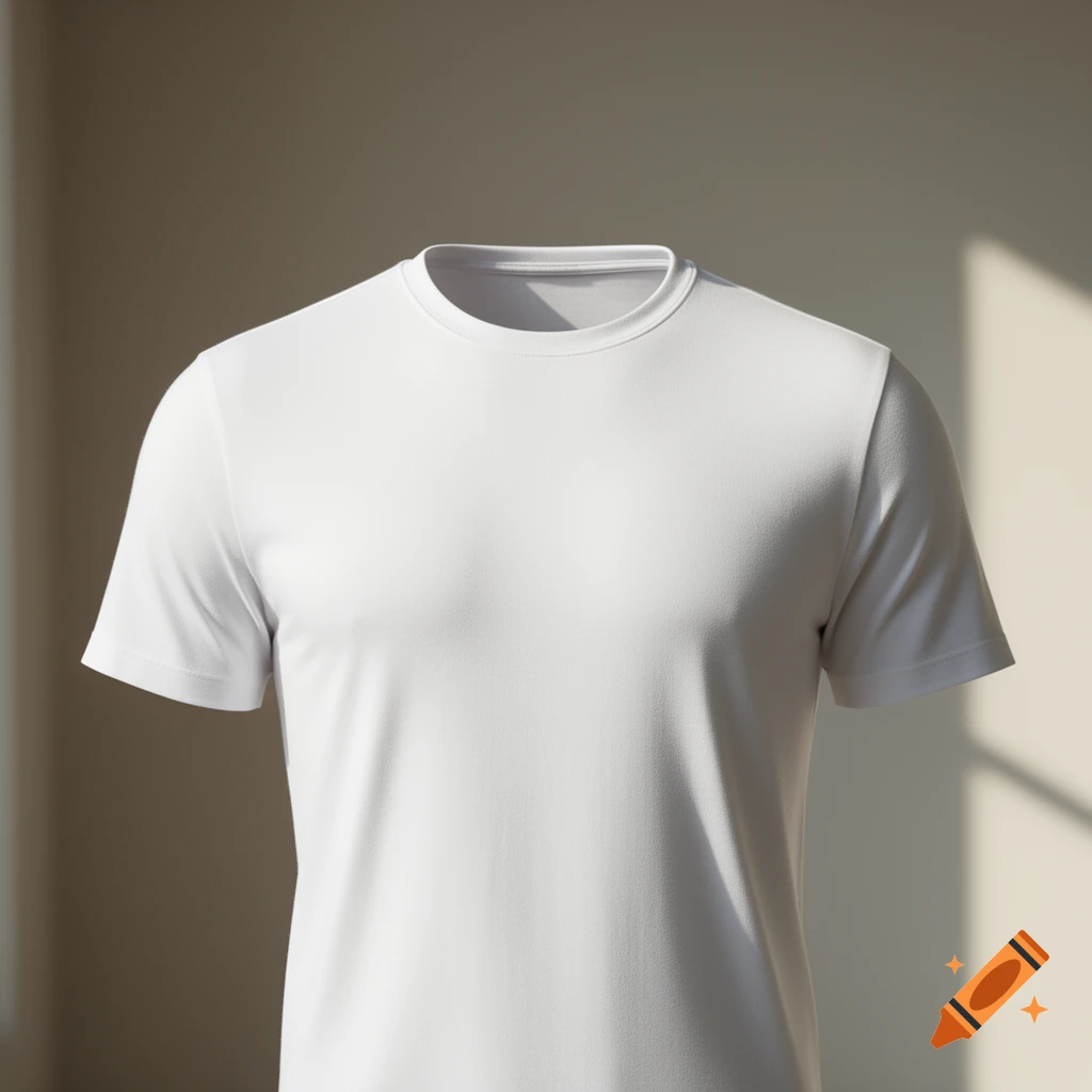 A plain white short-sleeved t-shirt displayed against a neutral background with natural light and shadows, photorealistic.