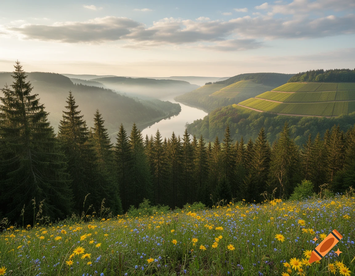 A scenic view of a river winding through forested hills and terraced vineyards, with a foreground of yellow and blue wildflowers.