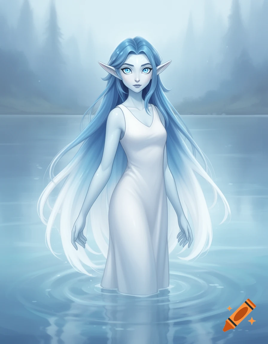 A slender, blue-skinned, blue-haired elf-like woman with blue eyes stands in a lake in a white dress, anime style.