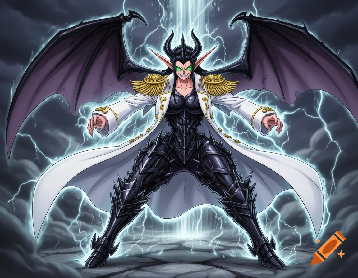 An anime-style horned warrior with large wings and green eyes, wearing black spiky armor and a white admiral's coat amidst lightning.