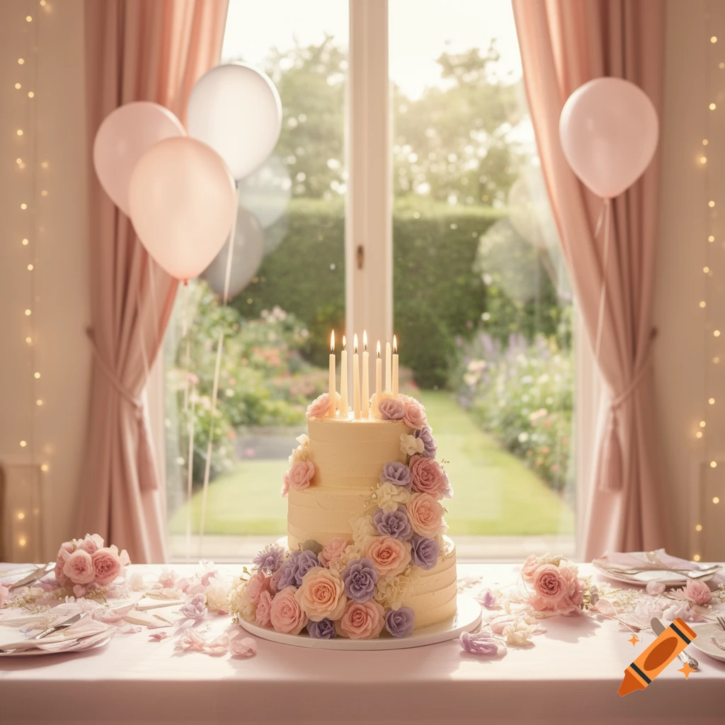A three-tiered birthday cake with lit candles and pink and purple flowers on a table with party decor and balloons, a garden outside.