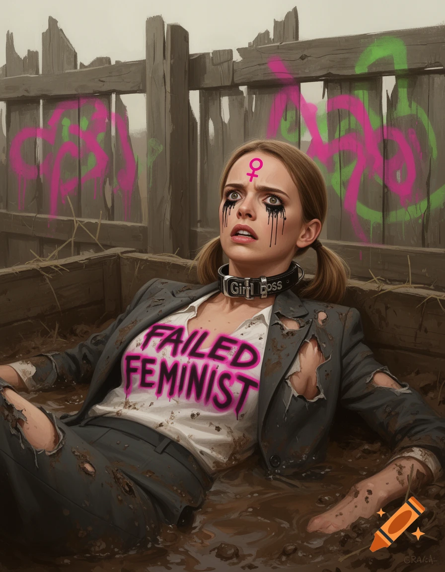 A woman with pigtails, a feminist symbol on her forehead, and mascara streaks lies in mud wearing a torn suit, a collar reading "Girl Boss," and a shirt saying "FAILED FEMINIST".