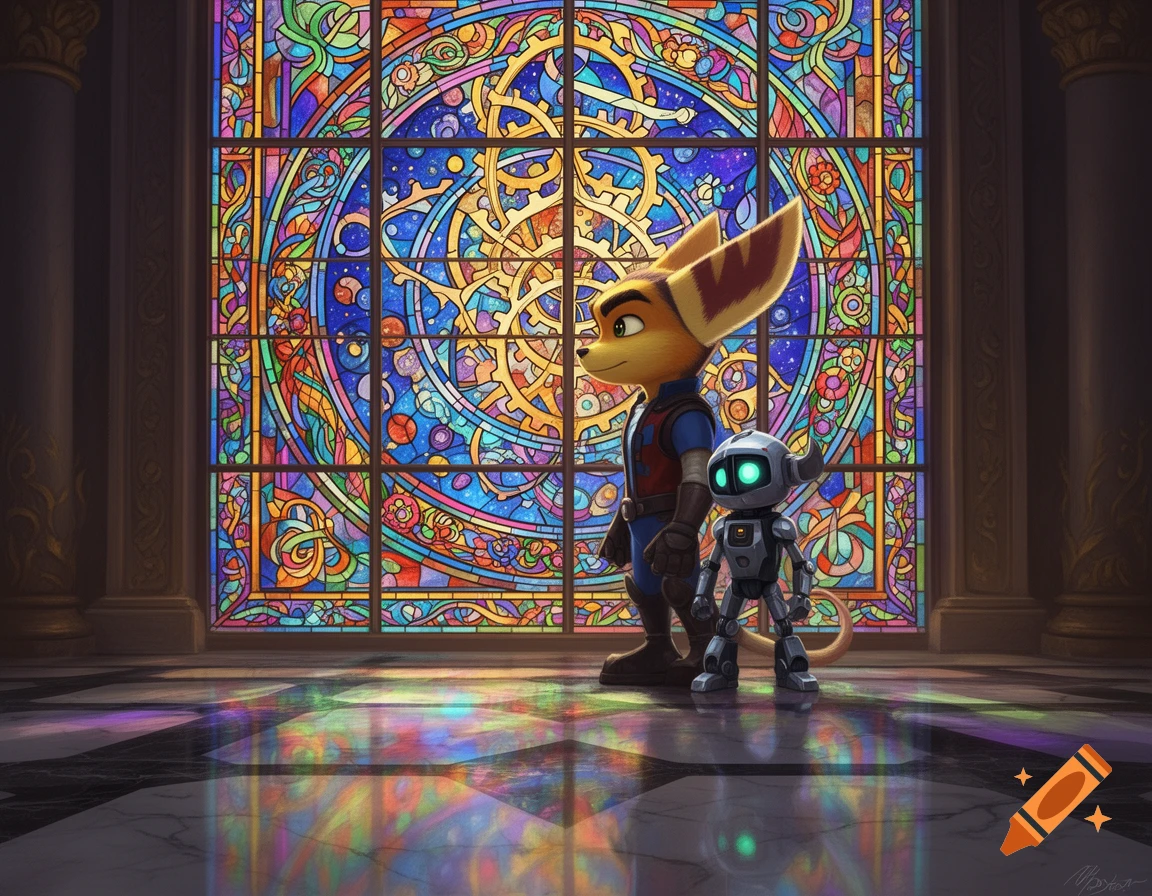 Ratchet and Clank stand before a vibrant stained glass window, its colors reflecting onto the marbled floor.