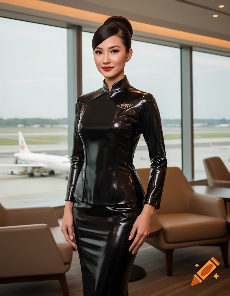 A photorealistic image of a young Asian woman in a shiny black latex uniform, standing in an airport lounge.