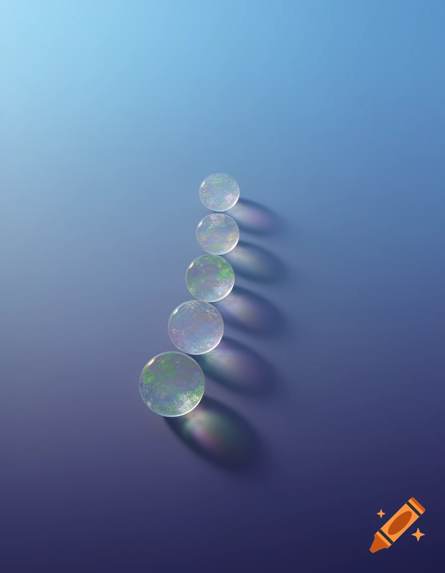 Five translucent, iridescent circles cast colorful shadows on a gradient blue background, arranged vertically with a slight curve.