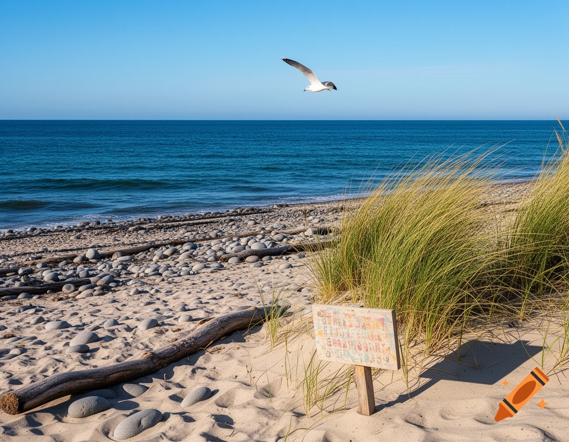 A serene beach with blue ocean, pebbled sand, tall grass dunes, a wooden sign with illegible text, and a seagull flying in a clear blue sky.