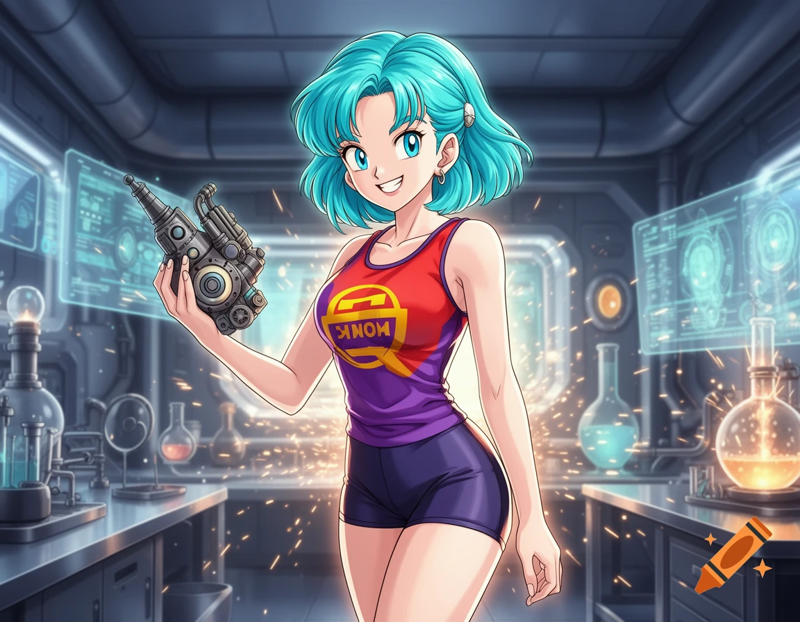 Anime character with turquoise hair, wearing a red and purple tank top, holding a futuristic gadget in a sci-fi lab.