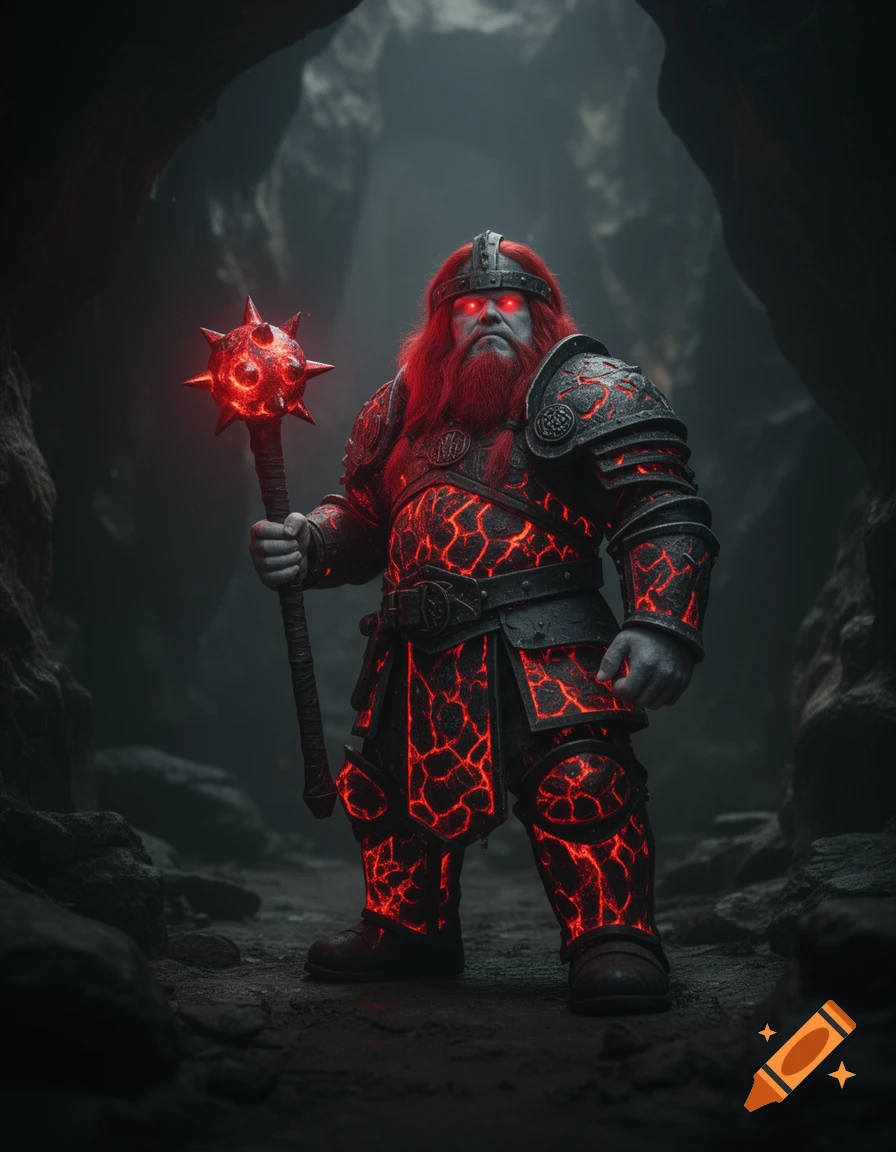 Dwarf warrior with red hair, glowing eyes, and lava-cracked armor, holding a glowing morning star in a dark cave.