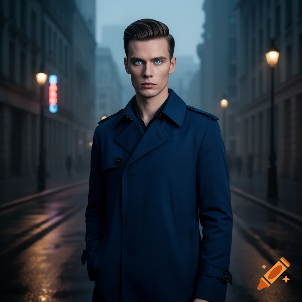 Photorealistic portrait of a man with striking blue eyes in a navy trench coat, standing on a foggy city street at night.