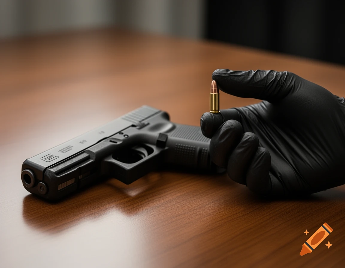 A black Glock 19 handgun and a single 9mm bullet held in a black-gloved hand on a polished wooden table, photorealistic.