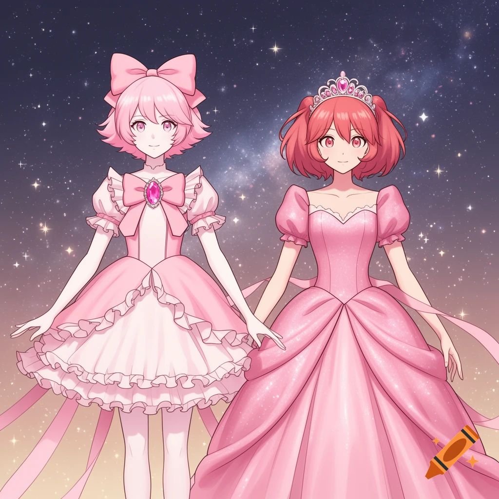 Two anime girls in pink dresses, one in a short ruffled dress and the other in a sparkling ball gown, against a starry sky.