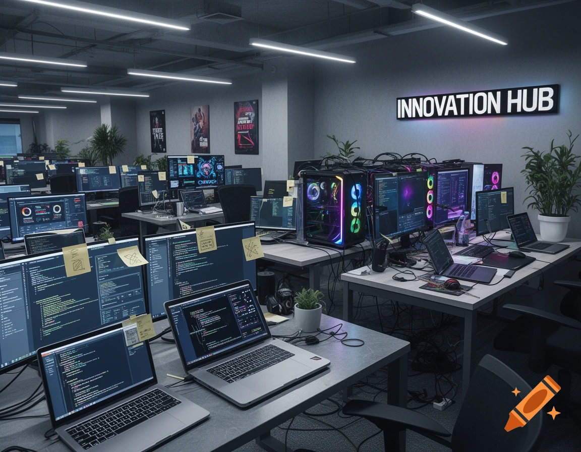 A photorealistic, brightly lit office innovation hub with numerous computers, laptops, glowing PC towers, and screens displaying code.