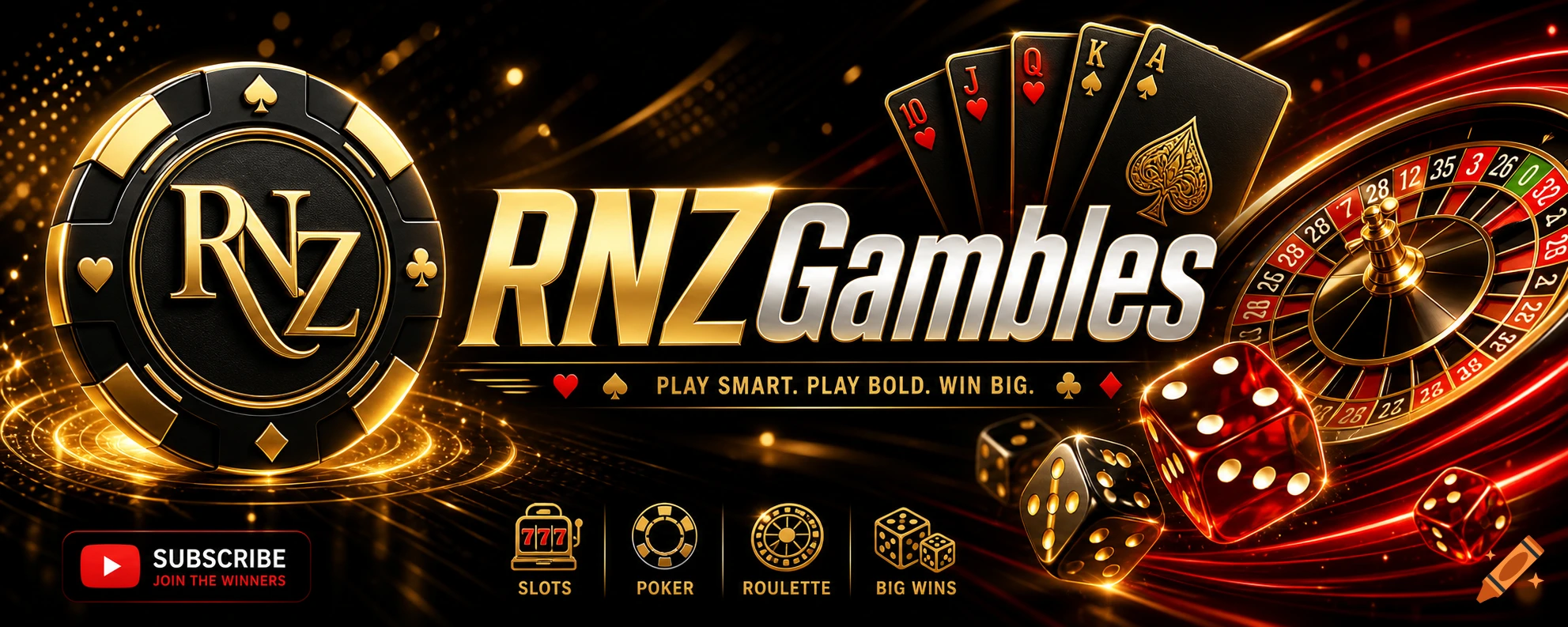 A golden and black casino-themed logo for RNZ Gambles, featuring poker chips, playing cards, a roulette wheel, and dice with glowing light trails.
