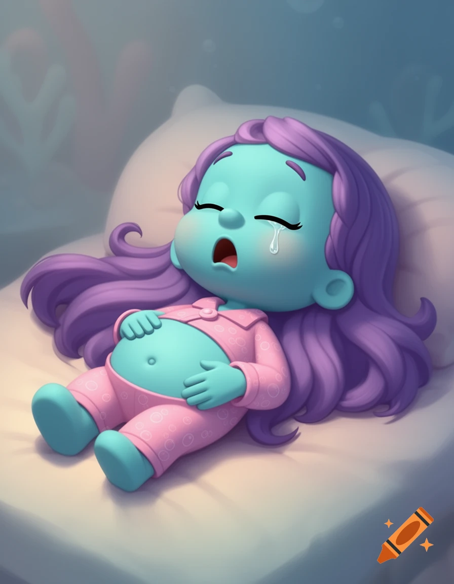 A crying cartoon character with blue skin and purple hair wears pink pajamas while lying on her back with her hands on her stomach.