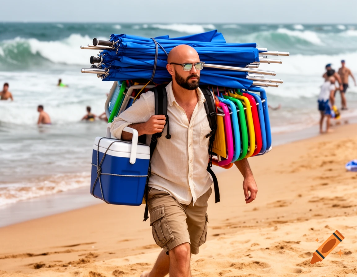 Bald man with a beard and sunglasses carries multiple blue folded beach umbrellas, colorful chairs, and an ice chest on a sandy beach.