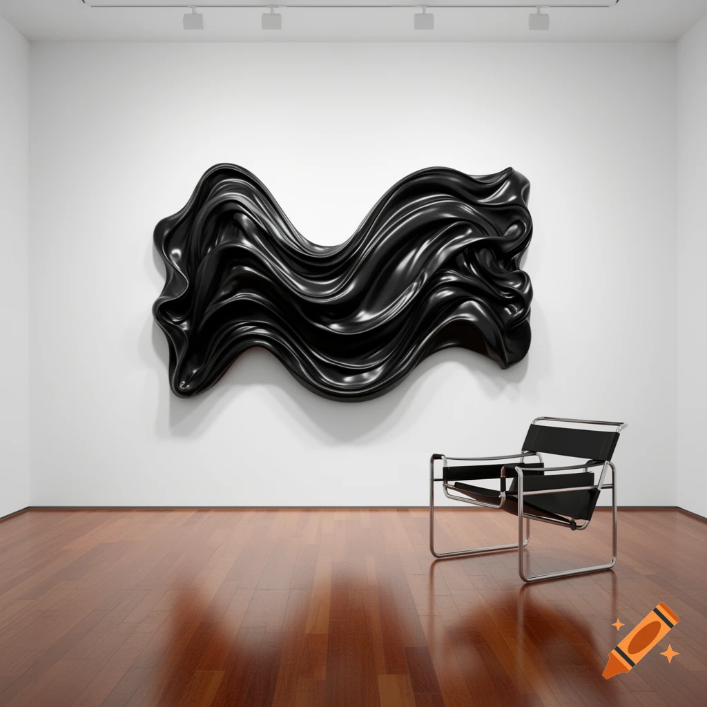 A glossy black abstract sculpture resembling draped fabric on a white gallery wall with a modern chair and wooden floor.
