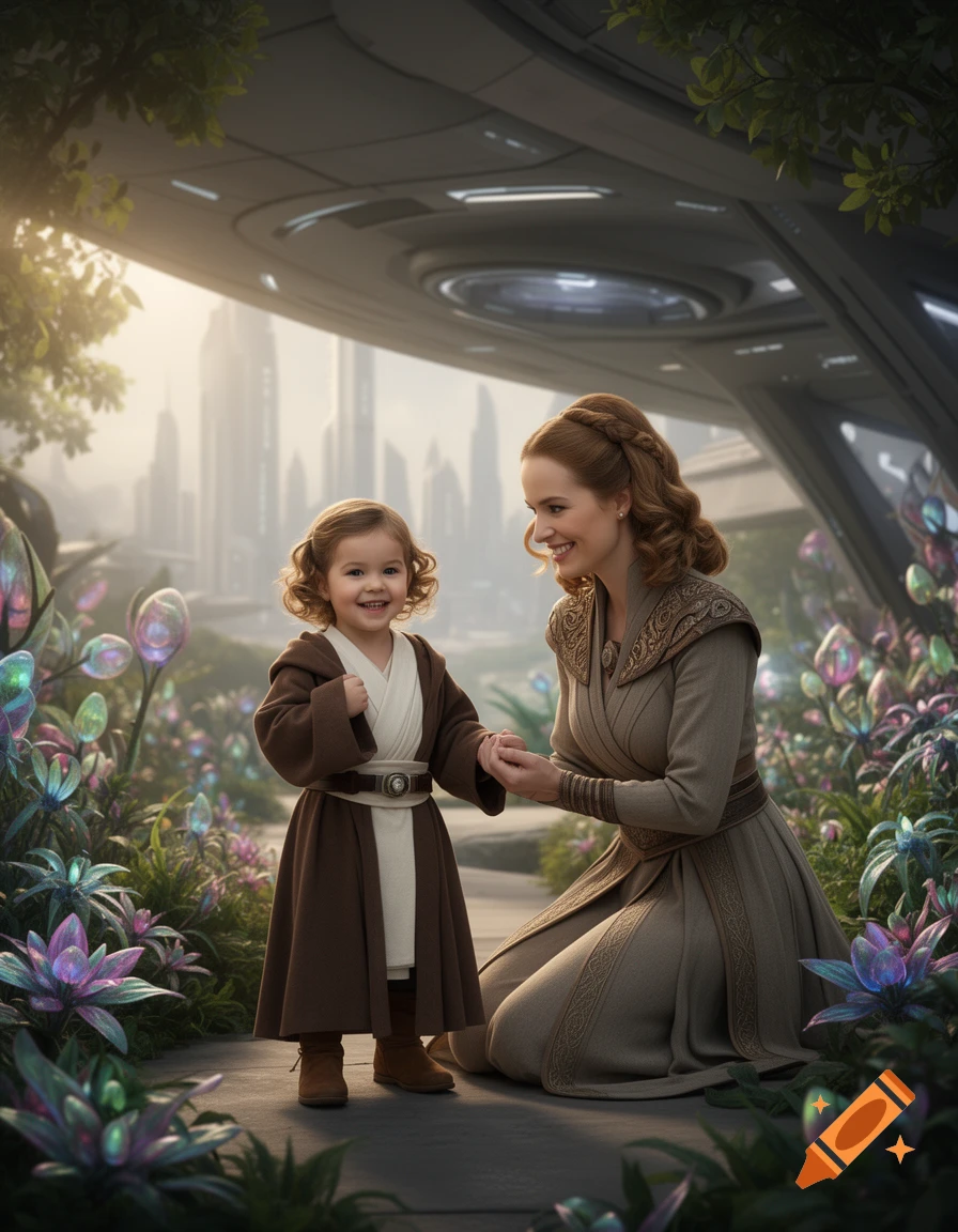 A smiling woman kneels, holding hands with a young girl in a brown robe, in a vibrant garden with futuristic buildings in the background.