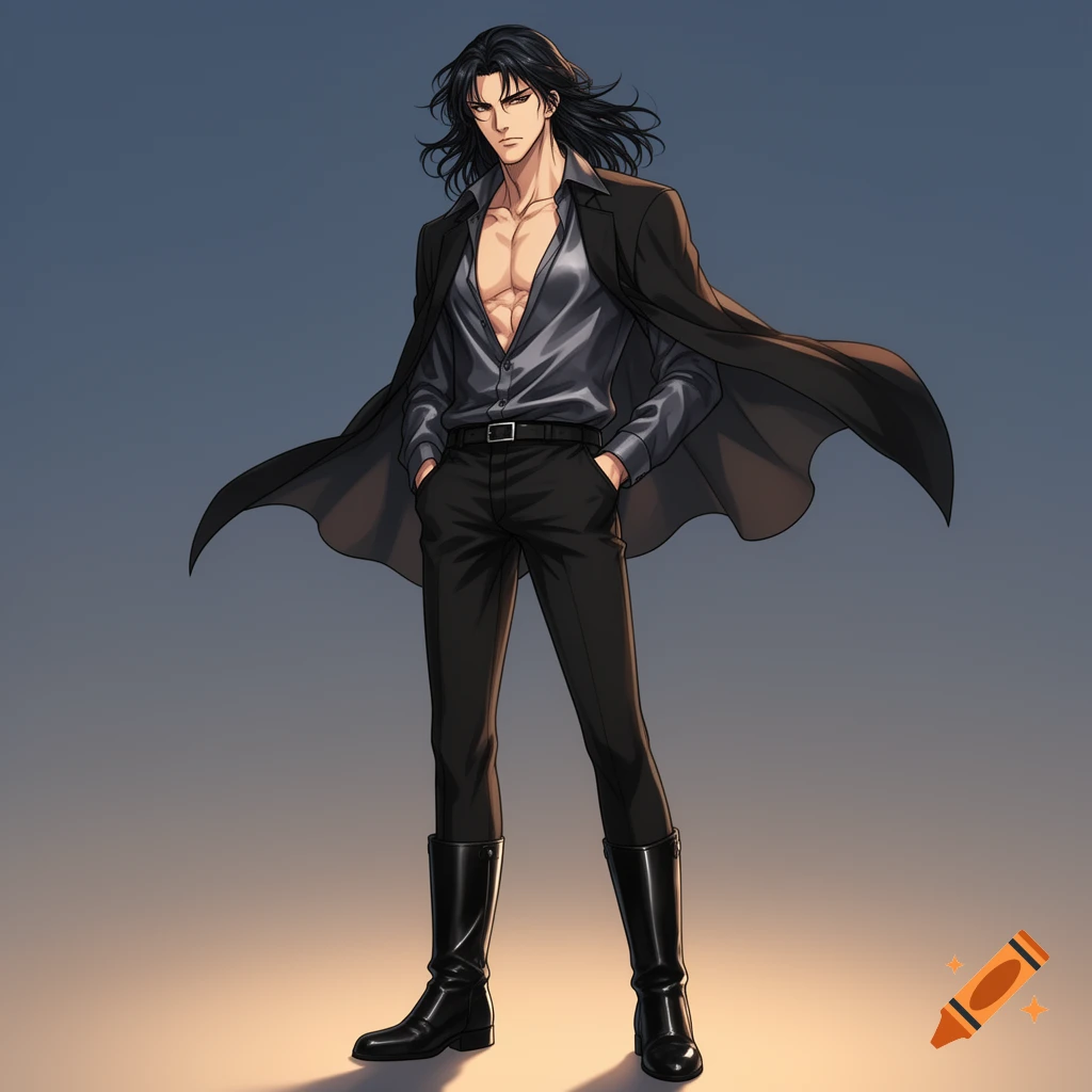 Full body anime illustration of a dark-haired man in an open gray shirt, black coat, pants, and boots, hands in pockets.