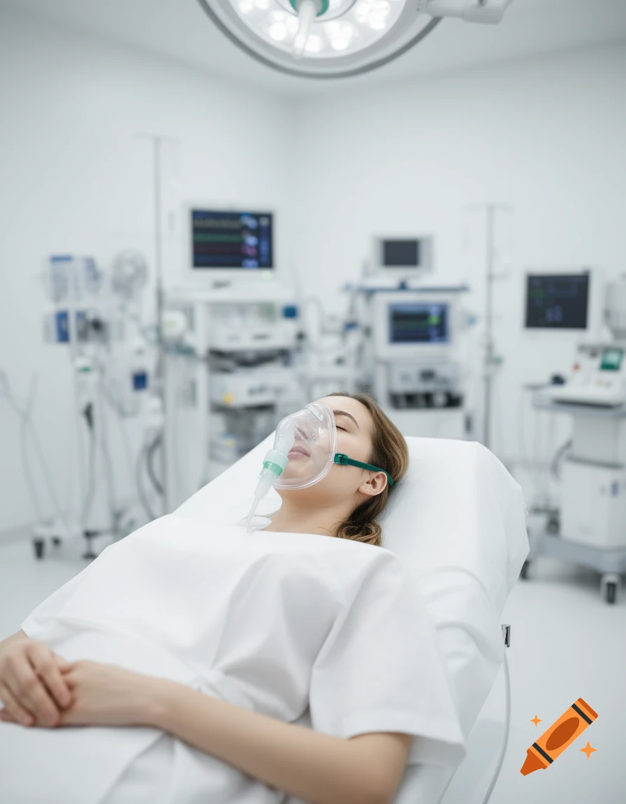 A female patient lies on an operating table with an oxygen mask, surrounded by medical equipment in a sterile hospital room.