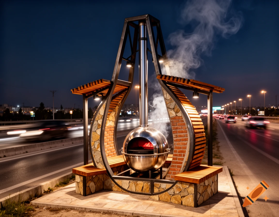 A unique photorealistic roadside sculpture combining a spherical charcoal grill, benches, steel, stone, brick, and wood, beside a busy highway at night.