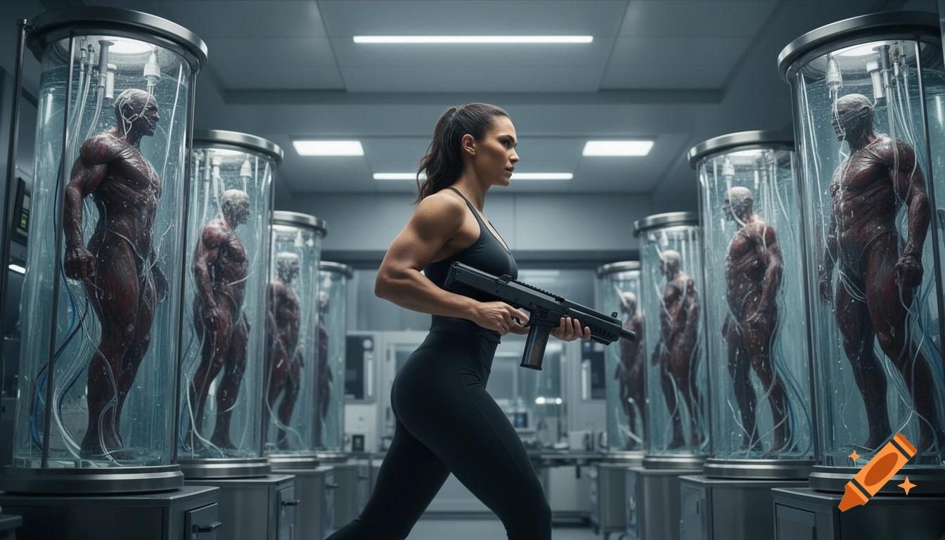 A muscular woman in a black top and leggings holds a gun, walking through a futuristic lab with rows of test tube capsules containing muscular humanoid figures.