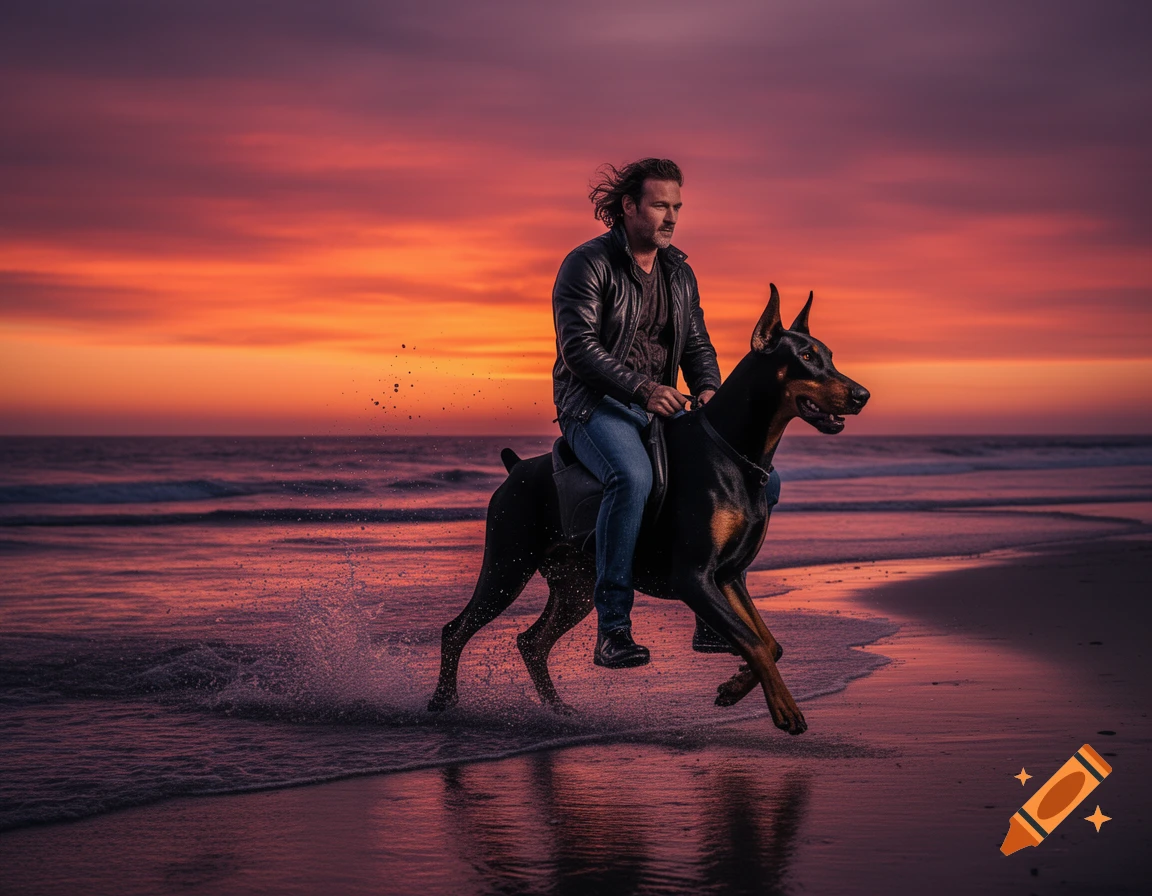 A man in a leather jacket and jeans rides a Doberman pinscher along a beach at sunset, with waves crashing in the background.