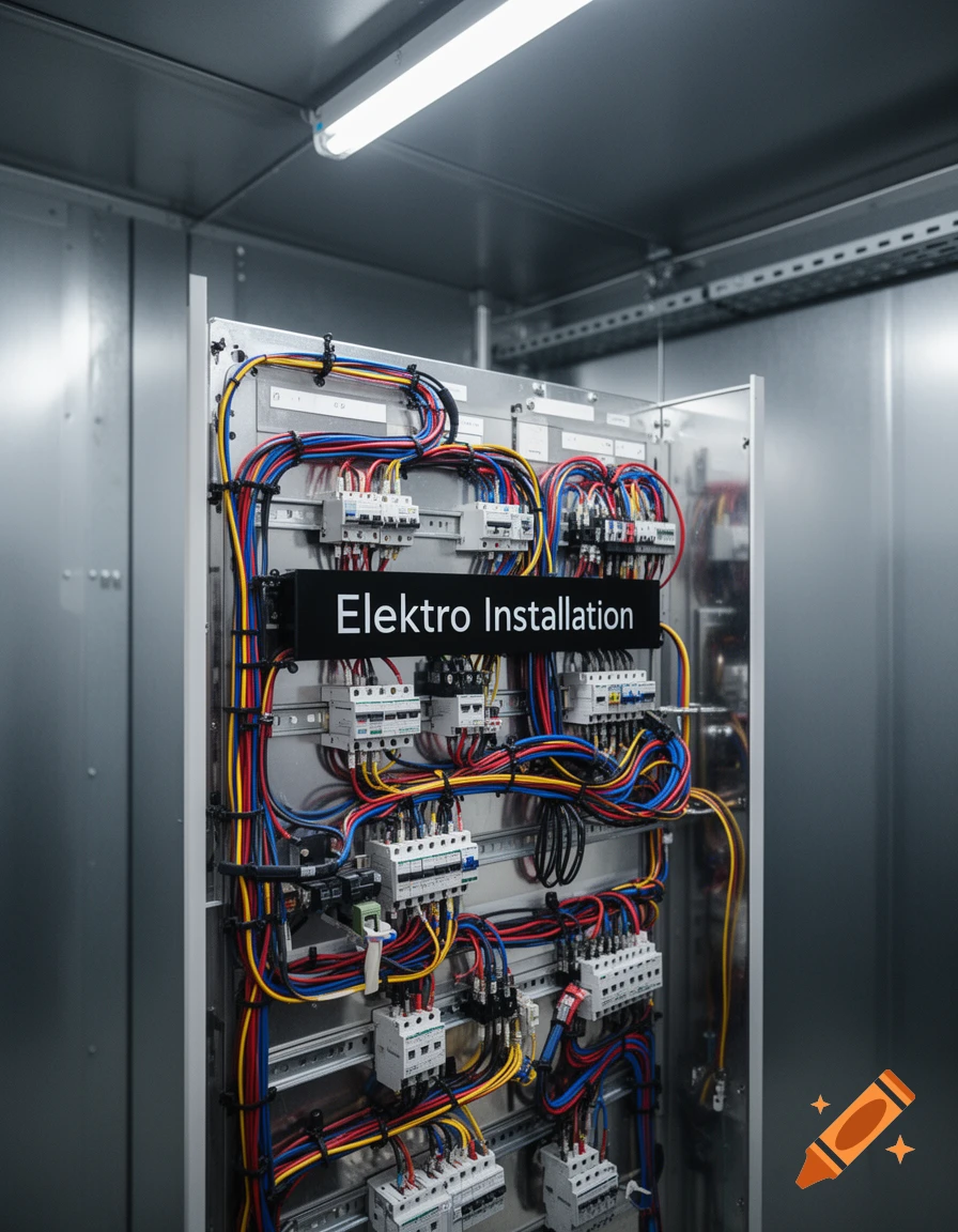 A photorealistic close-up of an electrical panel filled with colorful wires, circuit breakers, and a sign saying 'Elektro Installation'.