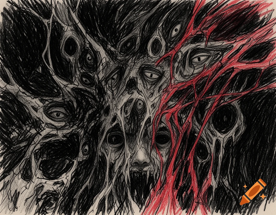 An unsettling psychological horror illustration featuring a chaotic mass of black and gray shadowy flesh with multiple eyes, a distorted face with fangs, and aggressive red lines.