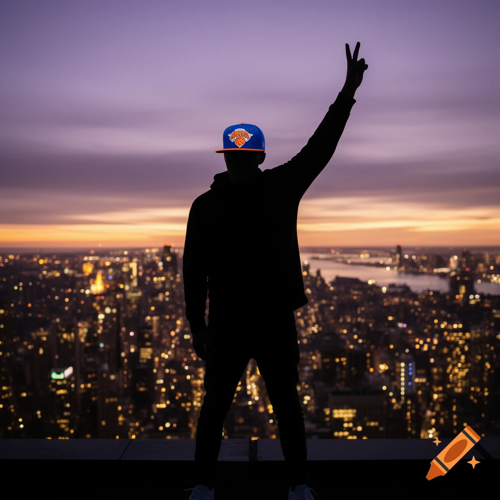 A man in silhouette on a rooftop overlooking a city skyline at sunset, raising a peace sign and wearing a New York Knicks hat.