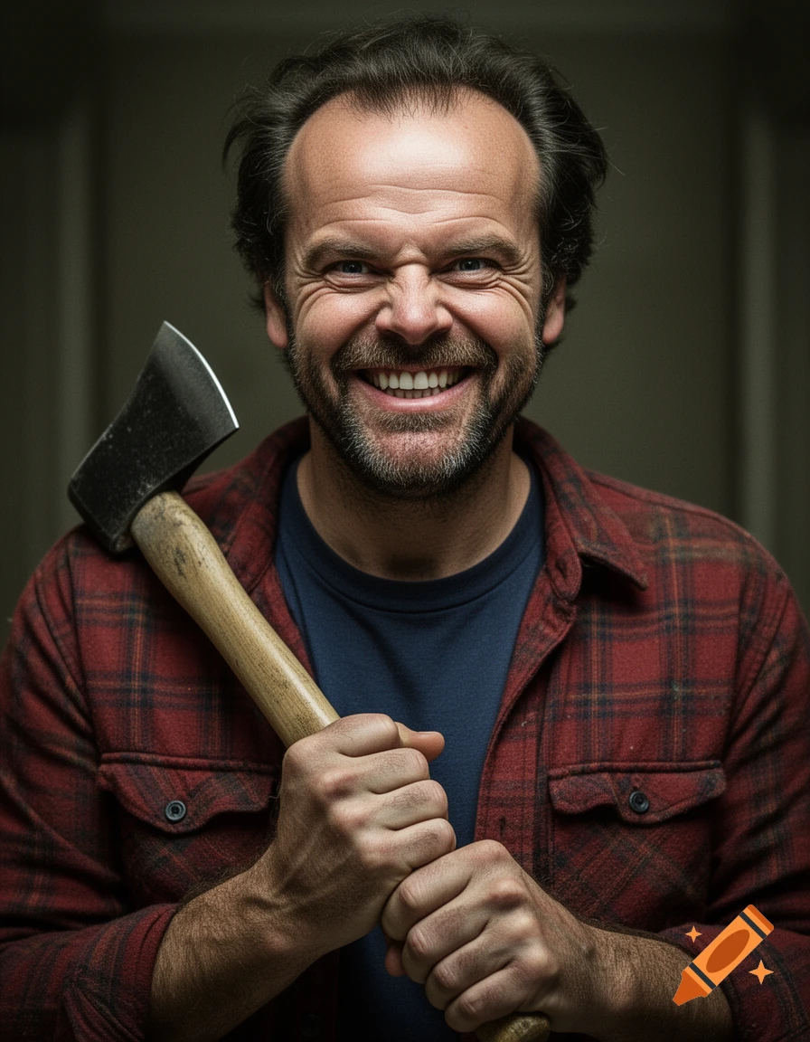 Photorealistic portrait of a man resembling Jack Torrance from The Shining, grinning menacingly and holding an axe.