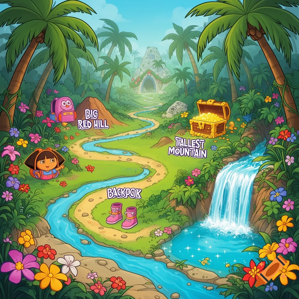 Colorful cartoon map of a jungle path with Dora the Explorer, a pink backpack, boots, a river with a waterfall, a treasure chest, palm trees, and labeled locations.