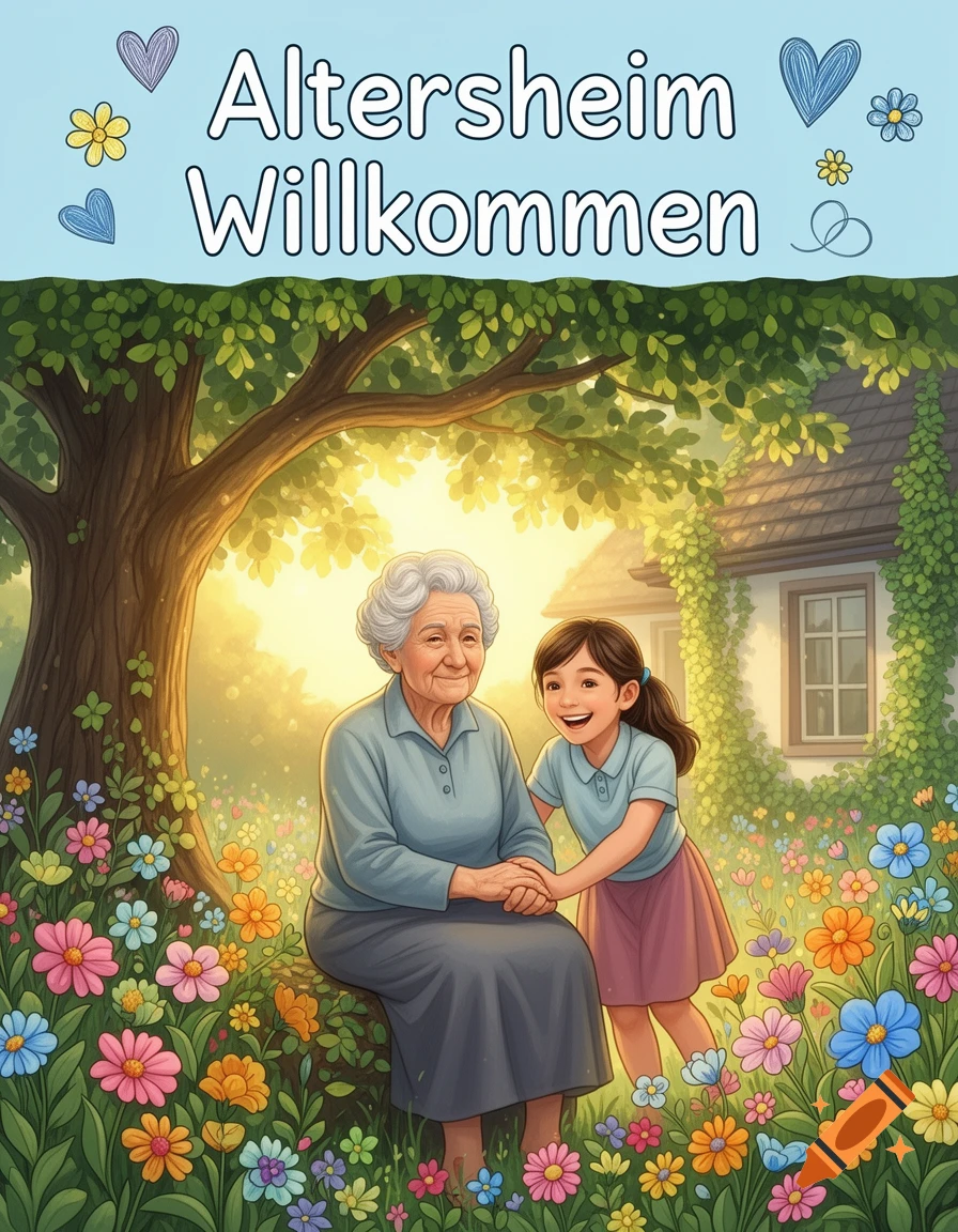 Illustration of an elderly woman and a young girl holding hands in a vibrant flower garden, with a tree, a house, and 'Altersheim Willkommen' text overhead.