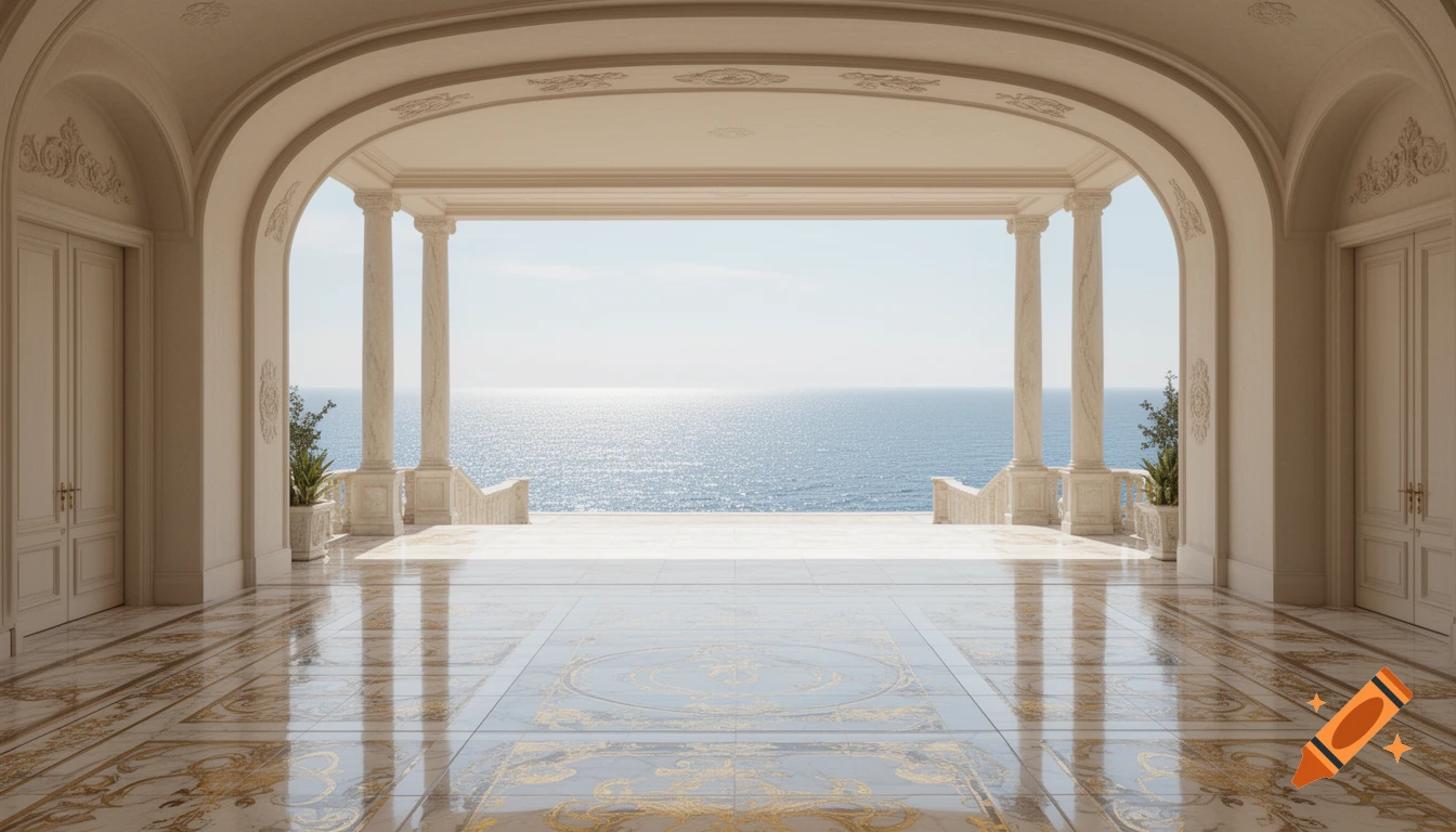 A luxurious, grand room with arched openings and a decorative tiled floor, opening to a balcony overlooking an endless, sparkling blue sea.