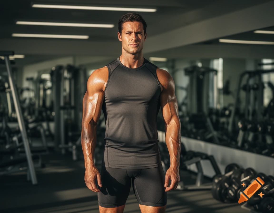 A muscular man in a dark grey tank top and shorts stands confidently in a gym, looking directly at the viewer.