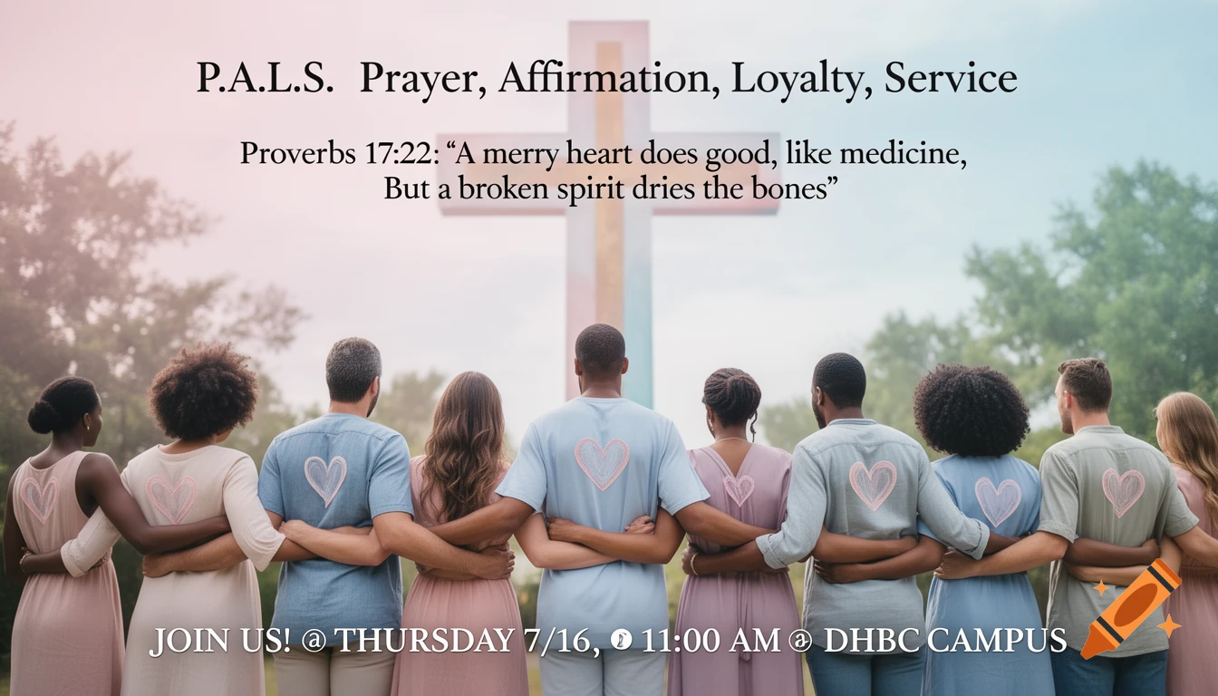 A diverse group of people, seen from behind with linked arms, look towards a large cross. Text about P.A.L.S. and a Bible verse is superimposed.