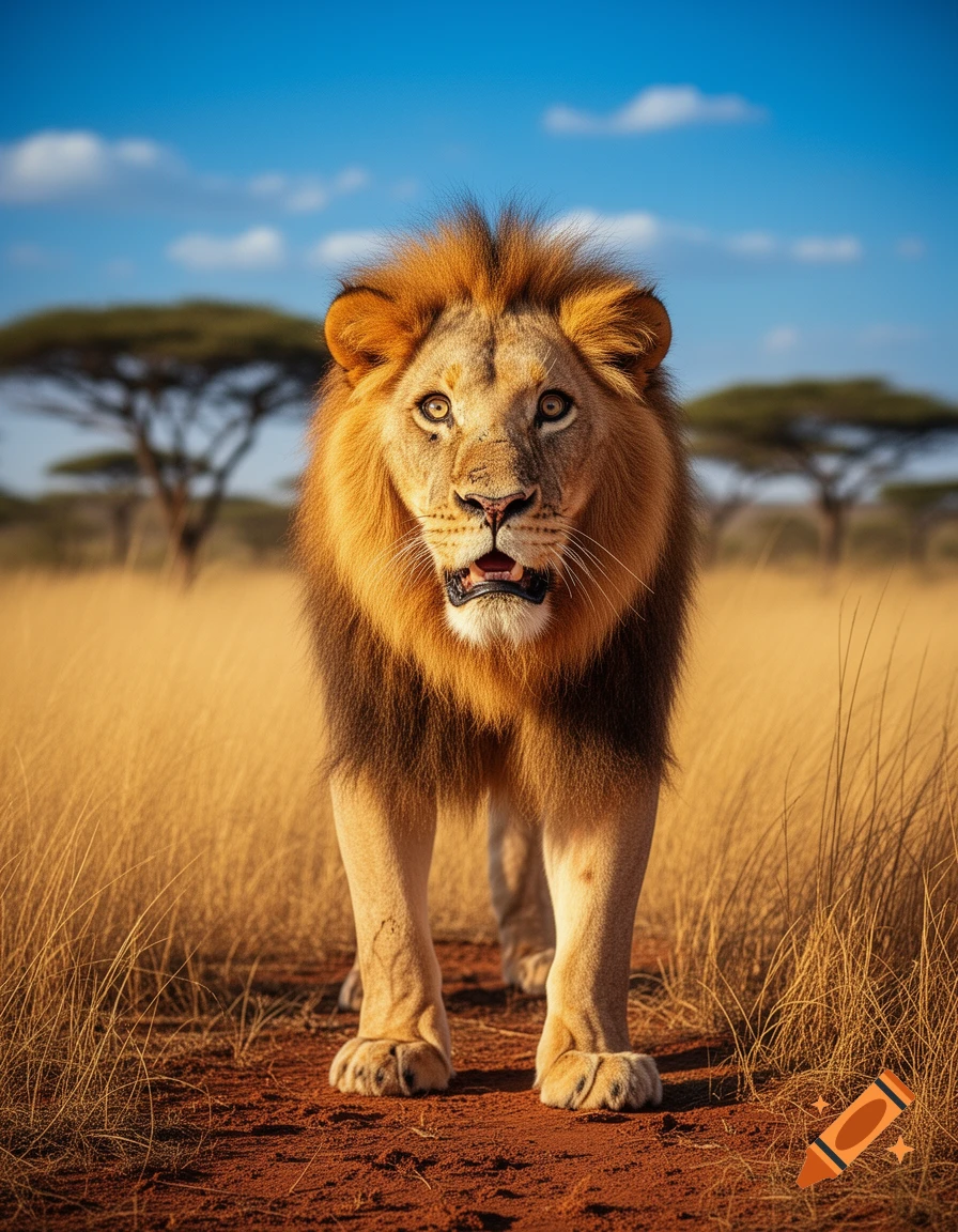 A photorealistic lion stands on a dirt path in a dry savanna, looking forward with a wide-eyed expression.