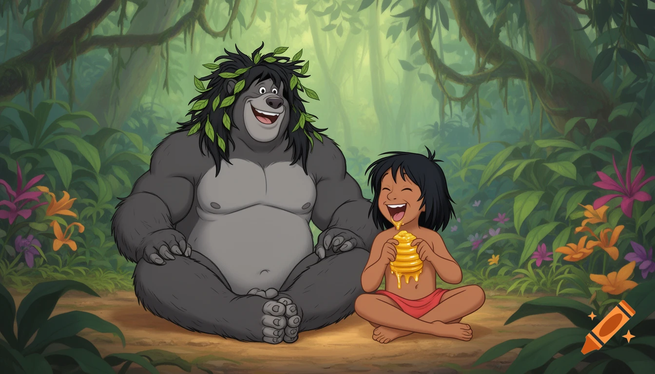 Baloo the bear and Mowgli from The Jungle Book sit in a lush jungle, with Mowgli happily eating honey.