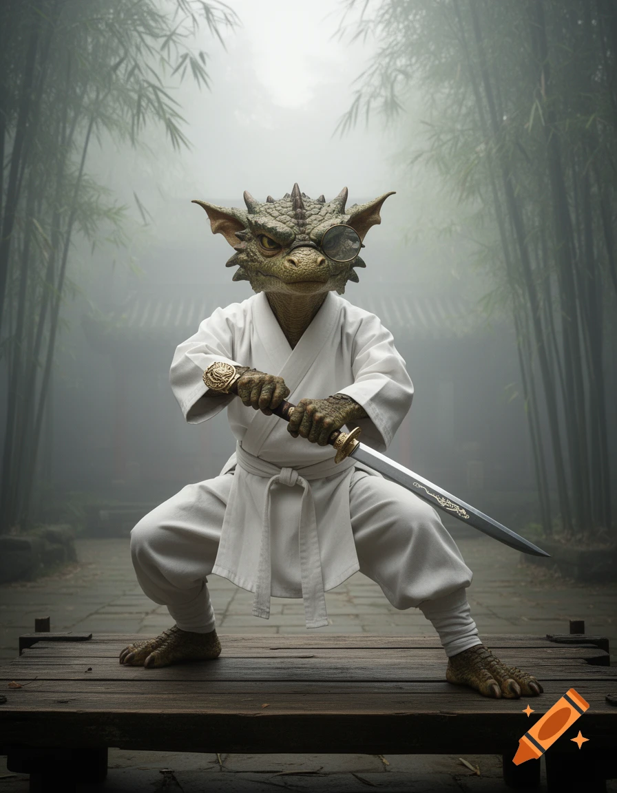 A reptilian creature in a white martial arts gi holds a sword in a squatting stance in a misty bamboo forest. Photorealistic.