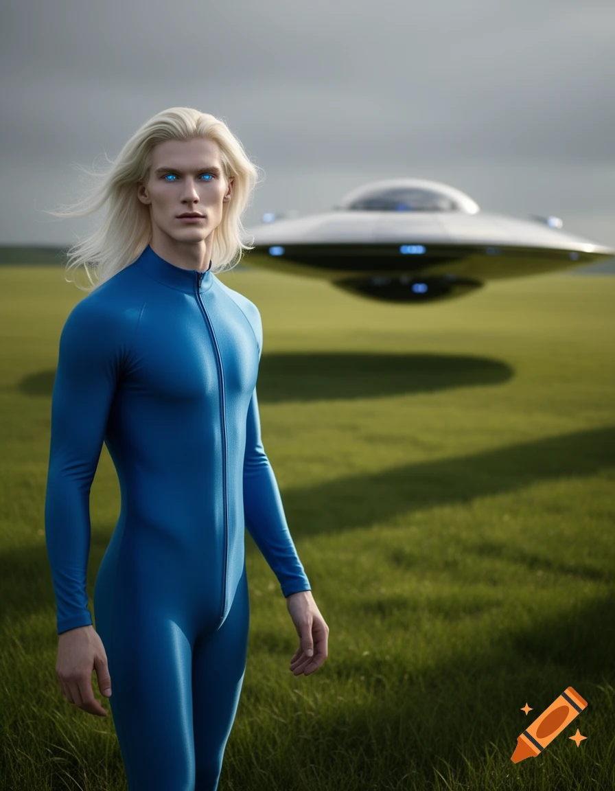 Photorealistic alien humanoid with blonde hair, blue eyes, and a blue jumpsuit stands in a field with a flying saucer.