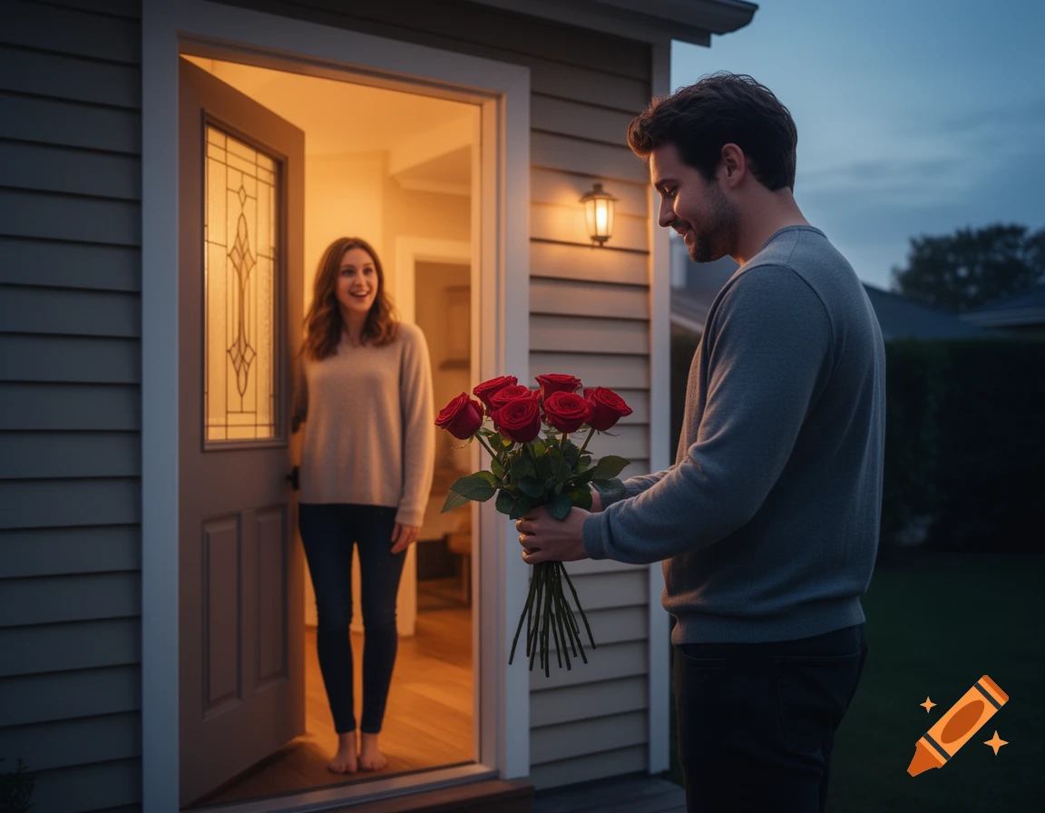 A man offers red roses to a smiling woman standing in her doorway at dusk, photorealistic.