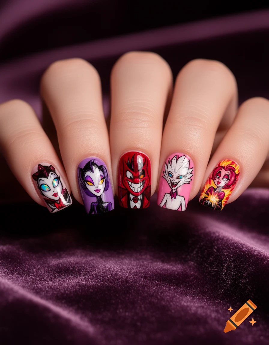 A hand displays five fingernails, each intricately painted with a different cartoon character in vibrant colors, against a purple velvet background.