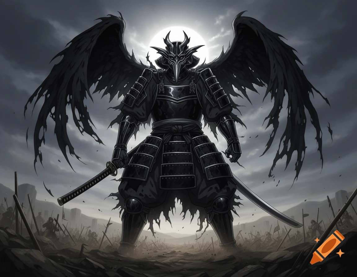 A dark, winged samurai warrior with a bird-like mask stands on a desolate battlefield under a full moon, holding two katanas.