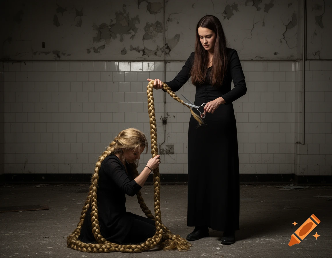 A standing woman cuts the long braided blonde hair of another woman kneeling on the floor in a dilapidated tiled room.