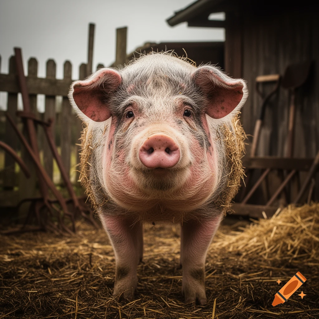 Close-up photorealistic shot of a pink and gray pig with straw on its back, standing in a muddy farm pen.