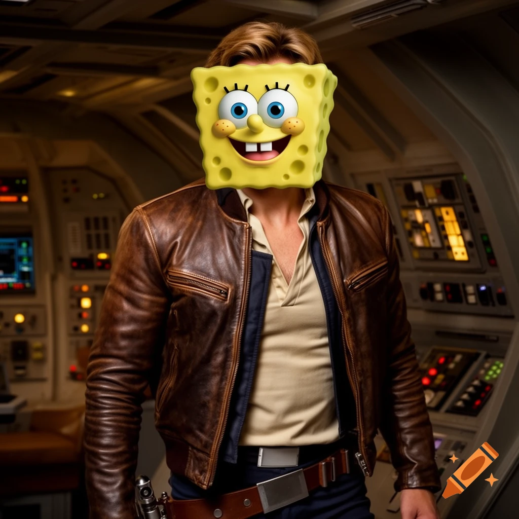 Photorealistic image of Han Solo from Star Wars with Spongebob's head, standing in a spaceship cockpit.